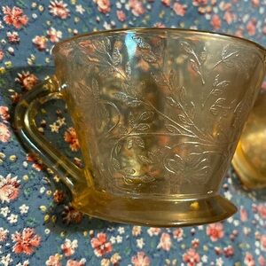 floral etched vintage amber tea cups